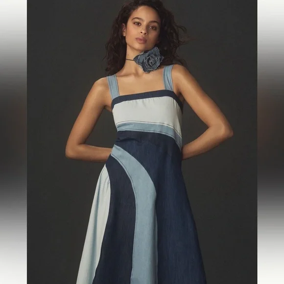 Pilcro by Anthropologie Seamed 100% Cotton Raw Hem Smocked Midi Dress-size small - Picture 4 of 14